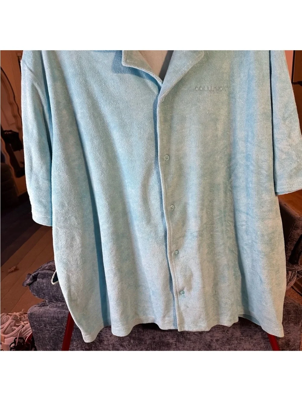 ASOS Collusion Terrycloth Button-Up Shirt in Aqua Blue - Picture 7 of 11